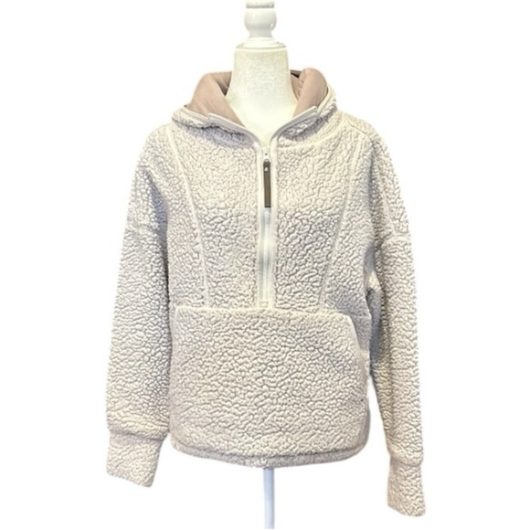 Prana Permafrost Half Zip Sherpa High Pile Hoodie Sweater Pocket Pullover Cream - Picture 6 of 12